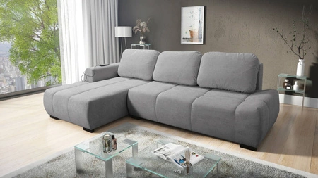 Rohová pohovka s funkcí spaní Gentle světle šedá levá strana stylový design rohová rozkládací pohovka charakteristická svým zaobleným tvarem