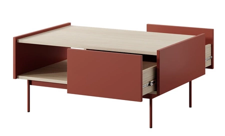 Cihlově červený konferenční stolek Vellore se zásuvkami originální design snížená horní deska v dekoru dubu poskytuje originální povrchovou úpravu