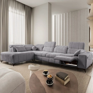 Rohová rozkládací pohovka s funkcí spaní Penejos XI Lux světle šedá levá stylová rohová rozkládací pohovka s pohodlnou výsuvnou opěrkou nohou