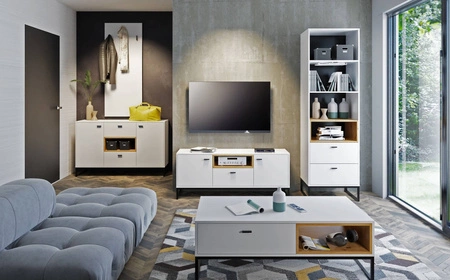 Nábytková sestava Olier bílá moderní designová sestava z masivů na kovových rámech nábytek do obývacího pokoje v industriálním stylu
