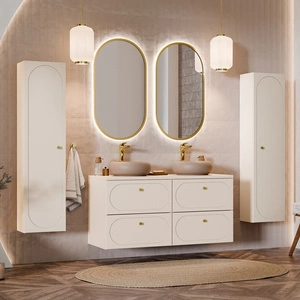 Koupelnový nábytek Donna Sand béžová elegantní koupelnové skříňky s ozdobným zaobleným frézováním na čelech zlaté úchytky