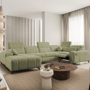 Penejos IV Lux olivová levá rohová pohovka s funkcí spaní Stylová rozkládací pohovka s pohodlnou výsuvnou opěrkou nohou