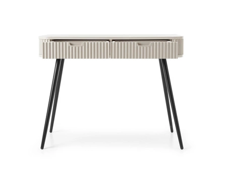 Béžová konzola Zoya se zásuvkami stylový a funkční toaletní stolek zakřivený masivní tvar rýhovaná čela zásuvek kovové nohy