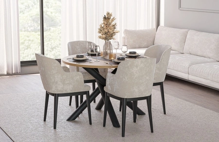 Kulatý stůl Lyon 110 cm dub artisan / černý designový jídelní stůl na kovových pavoučích nohách výškově nastavitelný