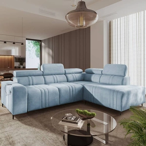 Rohová pohovka s funkcí spaní Castel VII modrá pravostranná stylová rohová pohovka s úložným prostorem na lůžkoviny a nastavitelnými opěrkami hlavy