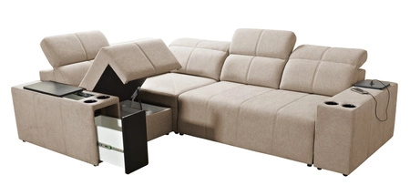 Rohová sedačka s funkcí spaní Tesalia II mátově zelené levá pohodlná rohová sedačka do obývacího pokoje s posuvným opěradlem nádoba na lůžkoviny