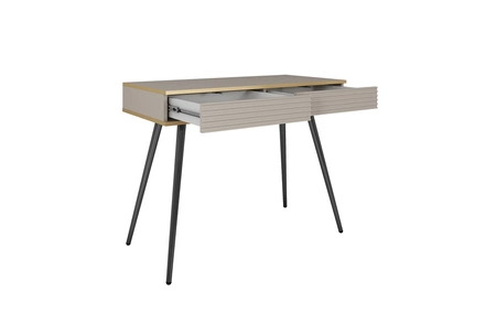 Luxusní béžová konzola se zásuvkami elegantní toaletní stolek s drážkovanými čely vysoké černé nohy tělo doplněné zlatým lemováním