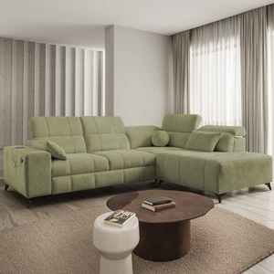 Rohová sedací souprava s funkcí spaní Penejos VII olivová pravá stylová rohová sedací souprava s úložným prostorem na lůžkoviny pohodlné polohovatelné opěrky hlavy