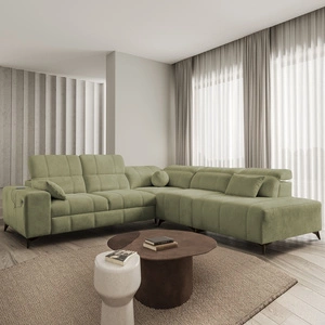 Rohová sedací souprava s funkcí spaní Penejos IX olivová pravá stylová rohová sedací souprava s kontejnery na lůžkoviny pohodlné nastavitelné opěrky hlavy