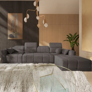 Rohová sedací souprava s funkcí spaní Cetara XII šedohnědá pravostranná stylový design pohodlná posuvná opěradla dvě nádoby na lůžkoviny