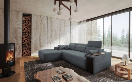 Rohová sedací souprava s funkcí spaní Tesalia šedá levá moderní design pohodlný posuvný opěrák zásuvka v boční části nábytku