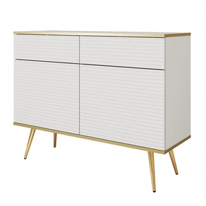 Luxusní zásuvková komoda 107 cm bílá stylová komoda s drážkovanými čely s korpusem zakončeným zlatým lemováním zlaté kovové nohy