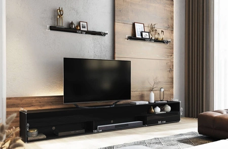 Lawrio 266 cm bílá / bílý lesk RTV skříňka se závěsem a policemi stylový design, který se hodí do každého interiéru