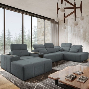 Rohová sedací souprava s funkcí spaní Tesalia V šedá levá komfortní rohová sedací souprava se zásuvkou a funkcí posuvného opěradla