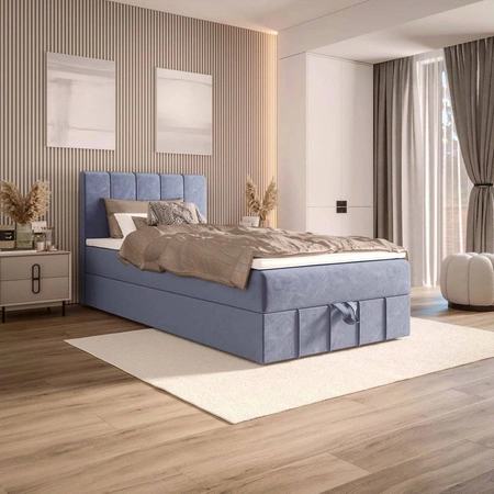 Kontinentální postel Casey 120x200 modrá v moderním skandinávském stylu s čalouněným čelem postele s úložným boxem
