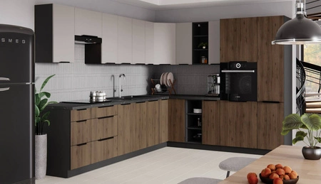 Rohová sestava kuchyňského nábytku Tarraco / Brianza 310x250 cm kovové úchytky skříněk vypadají skvěle v moderních interiérech