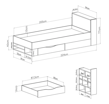 Postel se zásuvkou Niko 90x200 cm bílá / dub / mořská moderní designová postel výsuvné police v čele postele