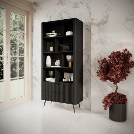 Knihovna Lante 88 cm černá elegantní knihovna se zásuvkami designové drážkování na čelech kovové hrany úchytky