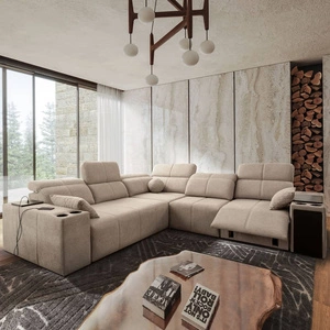 Rohová sedací souprava s funkcí spaní Tesalia III Lux béžová pravá komfortní rohová sedací souprava s výsuvnou podnožkou a posuvnou funkcí opěradla