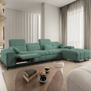 Rohová pohovka s funkcí spaní Penejos XII Lux zelená pravostranná stylová rohová pohovka s pohodlnou výsuvnou podnožkou