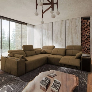 Rohová sedací souprava s funkcí spaní Tesalia III Lux hnědá pravá komfortní rohová sedací souprava s výsuvnou podnožkou Posuvná funkce opěradla