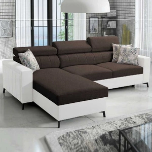 Rohová sedací souprava s funkcí spaní Savona hnědá / bílá levá elegantní rohová sedací souprava s nastavitelnými opěrkami hlavy dekorativní prošívání