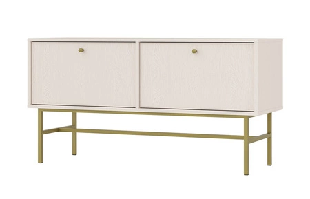 RTV skříň Kioto III 121 cm béžová elegantní skříň s dvířky otevíranými dolů tlumené barvy zlatý kovový rám