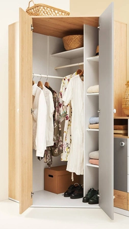 Pixel rohová šatní skříň houba dub / šedá ideální do pokoje pro mladé funkční a prostorné originální barvy