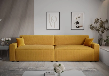 Rozkládací pohovka Brandon XL Bis medový moderní design trojrozměrná látka s výraznými pruhy nádoba na lůžkoviny