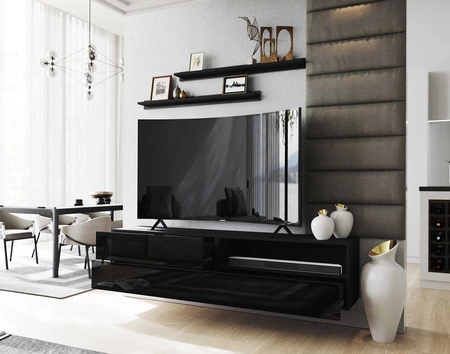 Nástěnná skříňka RTV Neo 172 cm černá / lesklá černá s policemi Stylová designová TV skříňka s vysoce lesklými čely