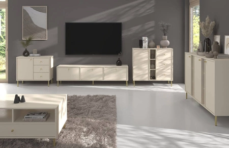 Nábytková sestava do obývacího pokoje Kioto II béžová stylový design elegantní nábytek podepřený kovovými zlatými nohami decentní úchyty