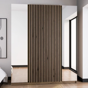 Zrcadlová šatní skříň Kastano XIV 200 cm dub evoke / černá elegantní designová šatní skříň do ložnice dveře zdobené dubovými lamelami evoke
