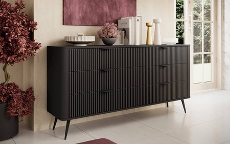 Komoda Lante 163 cm černá elegantní design oválný tvar komody na vysokých nohách vkusné rýhované čelo
