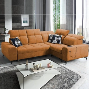 Rohová pohovka s funkcí spaní Buffalo II med pravá Funkční a stylová rohová pohovka s nastavitelnými opěrkami hlavy