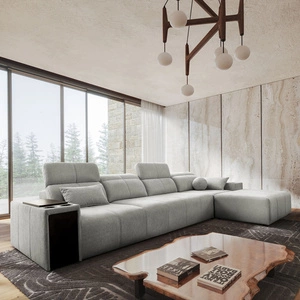 Rohová sedací souprava s funkcí spaní Tesalia XII šedý jasan pravý moderní design pohodlný posuvný opěrák zásuvka v boku nábytku