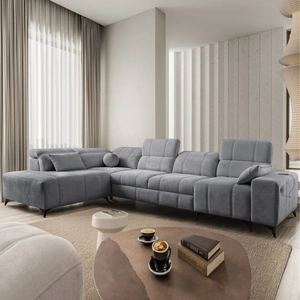 Rohová pohovka s funkcí spaní Penejos XI šedá levá pohodlná rohová pohovka s nastavitelnými opěrkami hlavy a dvěma přihrádkami na lůžkoviny