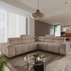 Rohová sedací souprava s funkcí spaní Castel III světle hnědá levá rohová sedací souprava se dvěma kontejnery na lůžkoviny nastavitelné opěrky hlavy