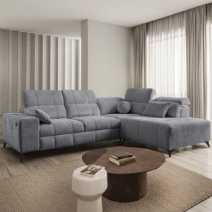 Rohová pohovka s funkcí spaní Penejos VII šedá pravá rohová stylová pohovka s úložným prostorem na lůžkoviny pohodlné nastavitelné opěrky hlavy