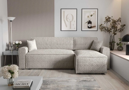 Rohová sedací souprava s funkcí spaní Brandon Bis krémová pravá strana měkká tkanina s charakteristickou smyčkovou povrchovou nádobou na lůžkoviny