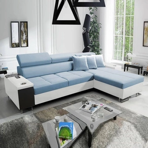 Rohová rozkládací pohovka Dafni modrá a bílá sametová pravá strana pohodlí a funkčnost při každodenním odpočinku