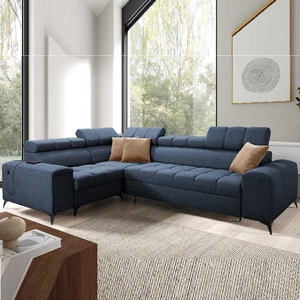 Rohová sedací souprava s funkcí spaní Bolmso II modrá levá rohová sedací souprava s kontejnerem na ložní prádlo s plnovýsuvnou zásuvkou v boční části nábytku