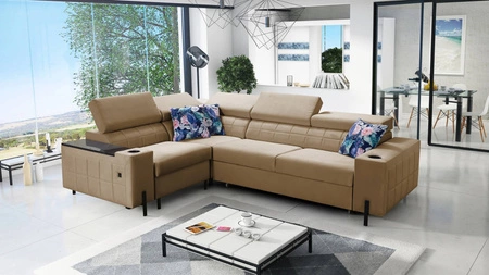 Rohová sedačka s funkcí spaní Belvi II tmavě béžová levá elegantní a ergonomická rohová sedačka do obývacího pokoje praktický úložný prostor v boční části