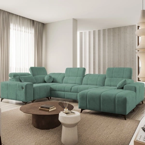 Rohová pohovka s funkcí spaní Penejos IV zelená pravostranná stylová rohová pohovka se dvěma přihrádkami na lůžkoviny odolná látka