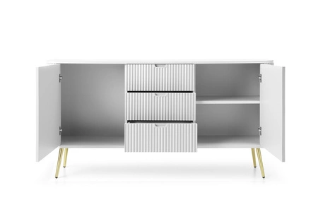 Komoda Zoya 168 cm zásuvková bílá elegantní design oválný tvar na kovových zlatých nohách vkusné rýhované čelo