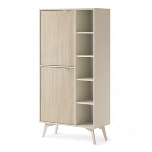 Knihovna Wald 80 cm béžová / béžová rybí kost Skandinávský design stabilní knihovna na vysokých nohách s dvířky do obývacího pokoje vkusný vzor rybí kost