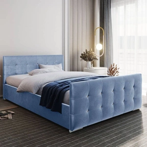 Čalouněná postel Alford 160x200 modrá s úložným prostorem v moderním skandinávském stylu s prošívaným čelem a nohama s povrchovou úpravou krystaly