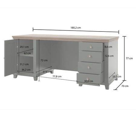 Psací stůl se zásuvkami Evora 180 cm láhev zelená / dub lefkas vkusným designem potěší milovníky výrazných interiérů do pracovny nebo kanceláře