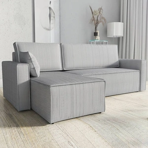 Rohová sedací souprava s funkcí spaní Rebenes světle šedá univerzální rohová sedací souprava trojrozměrná pruhovaná látka výrazná nádoba na lůžkoviny
