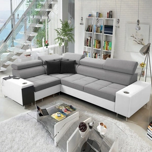 Rohová sedací souprava s funkcí spaní Dafni II šedobílá levostranná proplétaná rohová sedací souprava s úložným prostorem na lůžkoviny s celočalouněnou zásuvkou