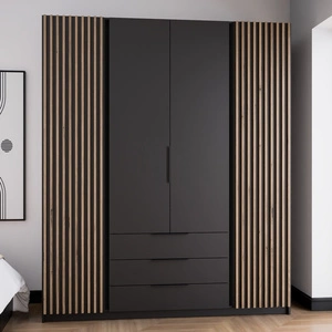 Šatní skříň Kastano IV 200 cm černá moderní designové dveře šatní skříně zdobené dubovými lamelami evoke kovové hrany úchytky